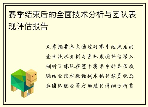 赛季结束后的全面技术分析与团队表现评估报告