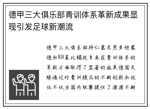 德甲三大俱乐部青训体系革新成果显现引发足球新潮流