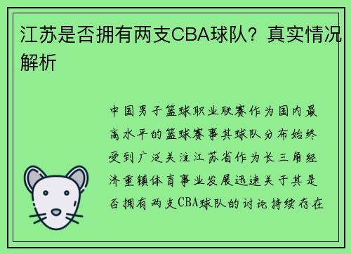 江苏是否拥有两支CBA球队？真实情况解析